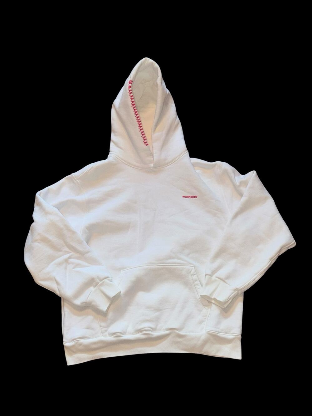 Madhappy Classics Fleece Hoodie White With Pink Stitch Unisex Sweatshirt Large
